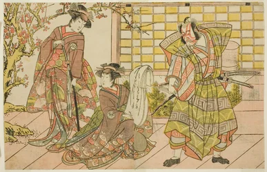 Skuespillerne Ichikawa Danjuro V som Miura Kunitae (til høyre), Segawa Kikunojo III som Yasukata (i midten), og Iwai Hanshiro IV som Utou (til venstre), i stykket Godai Genji Mitsugi no Furisode, fremført på Nakamura Theatre i den ellevte måneden, 1782