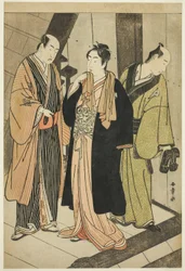 Skuespillerne Ichikawa Monnosuke II (til venstre), Iwai Hanshiro IV (i midten) og Iwai Karumo (?) (til høyre), på en landing backstage