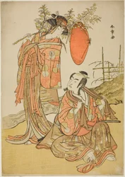 Skuespillerne Ichikawa Monnosuke II og Segawa Kikunojo III som elskerne Seijuro (til høyre) og Onatsu (til venstre), i Elopement-scenen "Michiyuki Hiyoku no Kiku-cho" (An Elopemet: Chrysanthemum-and-Butterfly Lovebirds), et dansemellomspill fra Del to av P