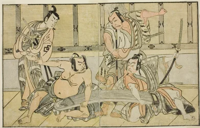 Skuespillerne Ichikawa Yaozo II som Kujaku no Saburo, Matsumoto Koshiro II som Hata no Daizen Taketora, Nakajima Mihoemon II som Aramaki Mimishiro, og Nakamura Shocho I som Ki no Tsurayuki (høyre til venstre), i Play Kuni no Hana Ono no Itsumoji, Utført kl