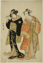 Skuespillerne Matsumoto Koshiro IV og Segawa Kikunojo III som Lovers Choemon (til høyre) og Ohan (til venstre), i Elopement-scenen "Michiyuki Segawa no Adanami" (An Elopement: Treacherous Waves in the Shallow River), et dansemellomspill fra del t