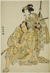 Skuespillerne Nakamura Nakazo I som Hata Rokurozaemon forkledd som samuraiens tjener (Yakko) Igaguri Hanehei (til venstre), og Nakamura Noshio I som den ventende dame Koto no Naishi (til høyre) i dansesekvensen quot;Sodegasa MomijiUmbruda Squot; (til venst