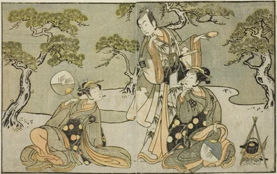 Skuespillerne Nakamura Nakazo I som Matsukaze (til høyre), Ichikawa Komazo II som Ariwara no Yukihira (i midten), og Iwai Hanshiro IV som Murasame (til venstre), i stykket Kuni no Hana Ono no Itsumoji, fremført på Nakamura Theatre i det ellevte Måned, 1771