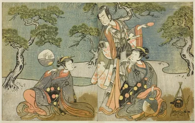 Skuespillerne Nakamura Nakazo I som Matsukaze (til høyre), Ichikawa Komazo II som Ariwara no Yukihira (i midten), og Iwai Hanshiro IV som Murasame (til venstre), i stykket Kuni no Hana Ono no Itsumoji, fremført på Nakamura Theatre i det ellevte Måned, 1771