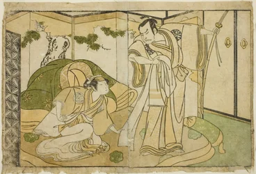 Skuespillerne Nakamura Nakazo I som Taira no Kiyomori (til høyre), og Yamashita Kinsaku II som Tokiwa Gozen (til venstre), i Play Nue no Mori Ichiyo no Mato, fremført på Nakamura Theatre i den ellevte måneden, 1770