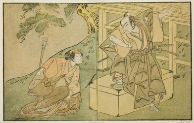 Skuespillerne Onoe Matsusuke I som Akaboshi Taro (til høyre), og Azuma Tozo II som Shirotae (til venstre), i stykket Kono Hana Yotsugi no Hachi no Ki, fremført på Ichimura Theatre i den ellevte måneden, 1771