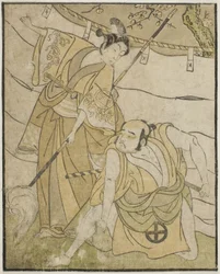 Skuespillerne Otani Tomoemon I som Emohei (til høyre), og Sanogawa Ichimatsu II som Sanada Yoichi (til venstre), i stykket Myoto-giku Izu no Kisewata, fremført på Ichimura Theatre i den ellevte måneden, 1770