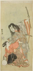 Skuespillerne Sawamura Sojuro II som presten Shunkan og Azuma Tozo II som Oyasu i stykket "Hime Komatsu Ne no Hi Asobi (Utflukt for å plukke furufrøplanter på rottedagen på det nye året)"