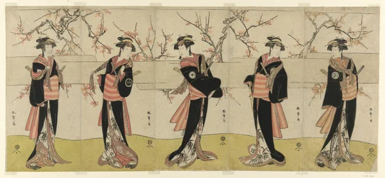 Skuespillerne Segawa Kikunojo III som Karigane Obun, Nakayama Tomisaburo I som An no Oyasu, Iwai Kiyotaro II som Kaminari no Osha, Nakayama Tatezo I som Gokuin no Osen, og Ichikawa Monnosuke II som Hotei no Oichi (høyre til venstre), i "Gonin" Onna," scene