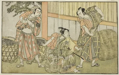 Stykket Kuni no Hana Ono no Itsumoji, fremført på Nakamura-teateret i den ellevte måneden, ca. 1772 (tresnitt)