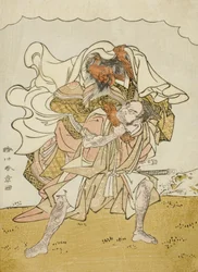Krigeren Omori Hikoshichi bærer en kvinnelig demon på ryggen, ca. 1772 (treblokktrykk i farger; chuban)