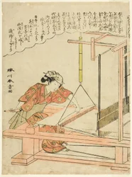 Veving av silke, plate 11 fra serien "Silkworm Cultivation (Kaiko yashinai gusa)"