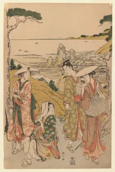 Et selskap med pilegrimer fra Yedo utenfor et tehus på åsene bak Futami-stranden som beundrer utsikten, 1795 (farget treblokktrykk)