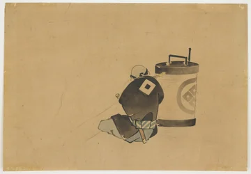 Sittende ledsager som røyker ved en lampe, ca. 1850 (blekk og farge på papir)