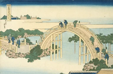 Drum Bridge of Kameido Tenjin Shrine fra serien Wonderous Views of Famous Bridges in All the Province, 1800-tallet (farget treblokktrykk)