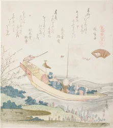 Ferge på Sumida-elven, illustrasjon for Capital Shell (Miyako-gai), fra serien "A Matching Game with Genroku-period Poem Shells (Genroku kasen kai awase)"
