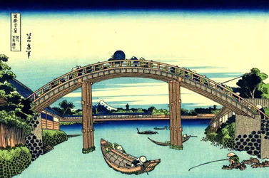 Fuji sett gjennom Mannen-broen ved Fukagawa, Edo, ca. 1830 (treblokktrykk)