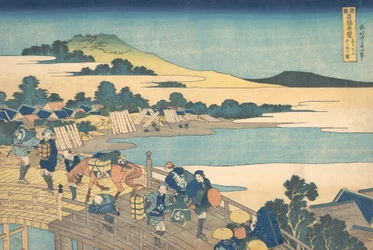 Fukui Bridge in Echizen Province Echizen Fukui no hashi, from the series Remarkable V..., 1827-30.    1169223   no       norwegian Successfully Translated  Original: Papoeagraf (original title on object) Translat: Papoeagraf (original title on object) 1378