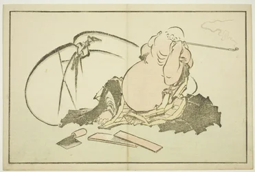 Hotei Smoking his Pipe, fra The Picture Book of Realistic Paintings of Hokusai (Hokusai shashin gafu), ca. 1814 (treblokktrykk i farger (albumark))