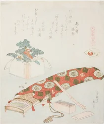 Koto og nyttårsoffer, illustrasjon for The Akoya Beach Shell (Akoyagai), fra serien "A Matching Game with Genroku-period Poem Shells (Genroku kasen kai awase)"