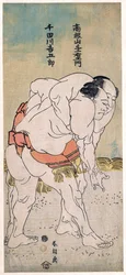 Les lutteurs sumo Takaneyama Yoichiemon og Sendagawa Kichigoro --Sumobryterne Takaneyama Yoichiemon og Sendagawa Kichigoro par Hokusai, Katsushika (1760-1849). Fargetresnitt, størrelse: 30,6x12,9, ca 1792, privat samling