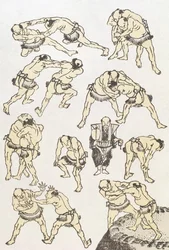 Manga: studier av gester og stillinger av brytere, pub. 1849, (treblokktrykk i farger)