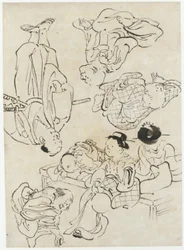 Diverse figurer: sommerfornøyelser, figurer som sitter på verandaen og (nedre) samurai, Edo-perioden (blekk på papir)