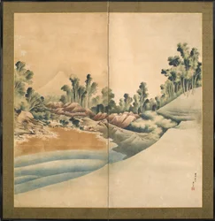 Mount Fuji og Enoshima, Edo-perioden, ca. 1825 (blekk og farger på papir)