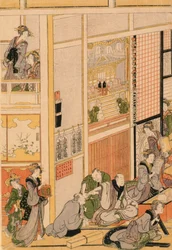 Nyttårsdag på tehuset Ogi-ya. ca. 1810 (treblokktrykk i farger) (for sett se 277765 og 277797-277798)