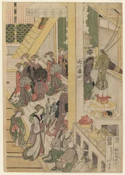 Nyttårsdag på tehuset Ogi-ya. ca. 1810 (farget treblokktrykk) (for sett se 277795-277796 & 277798)