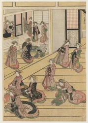 Nyttårsdager på tehuset Ogi-ya. ca. 1810 (treblokktrykk i farger) (for sett se 277795-277797)
