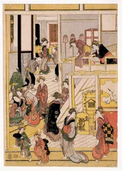 New Years Days of the Teahouse Ogi-ya, ca. 1810 (treblokktrykk) (se også 406534, 406535 og 406536)
