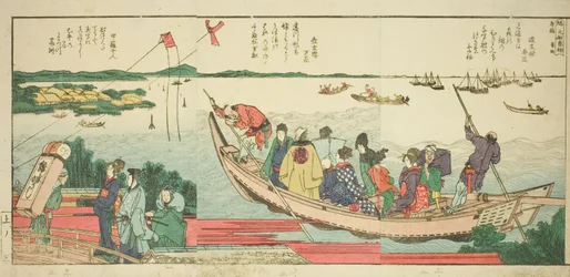 Sider fra den illustrerte boken "Panoramisk utsikt langs bredden av Sumida-elven (Ehon Sumidagawa ryogan ichiran)"
