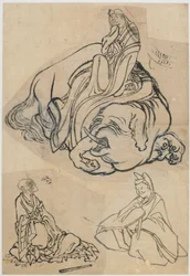 Forberedende skisse for The Courtesan Eguchi as the Bodhisattva Fugen..., Edo-perioden, c1806-1811.