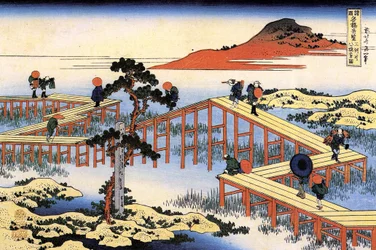 Serie med bemerkelsesverdige utsikter over broer fra forskjellige provinser: Yatsuhashi-broen i Mikawa-provinsen, Japan - Trykk av Katsushika Hokusai (1760-1849) (ukiyo-e skole) 1835 State Hermitage Saint Petersburg Russland