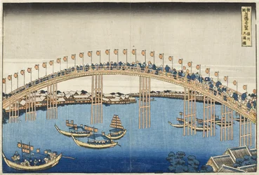 Temma Bridge, Settsu-provinsen fra serien Wonderous Views of Famous Bridges of Various Provinces, ca. 1835 (treblokktrykk i farger)