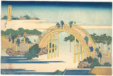 Buebroen ved Kameido Tenjin-helligdommen (Kameido Tenjin Taikobashi), fra serien «Bemerkelsesverdige utsikter over broer i ulike provinser» (Shokoku meikyō kiran)