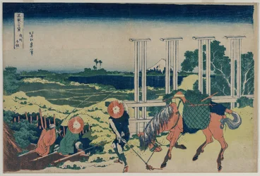 The Weir at Senju i Musashi-provinsen fra serien Thirty-six Views of Mt. Fuji, tidlig på 1830-tallet.
