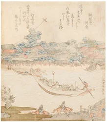 Bredden av Sumida-elven, Komatomeishi. Triptyk fra serien Umazukushi, Sentral del, 1822