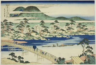 Togetsu-broen ved Arashiyama i Yamashiro-provinsen (Yamashiro Arashiyama no Togetsukyo), fra serien "Uvanlige utsikter over kjente broer i forskjellige provinser (Shokoku meikyo kiran)"