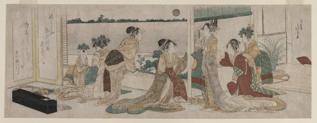 Tsukasa og andre kurtisaner fra Ogiya ser på høstmånen stige..., 1799.