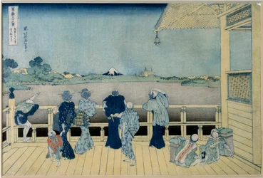 Utsikt over Mount Fuji i Japan som beundrer Fuji-fjellet fra et hus på stylter. Serie "" The 36 views of Mount Fuji"" japansk trykk av Katsushika Hokusai (1760-1849) 1829-1833 Søn. 36,9x24,8 cm Privat samling