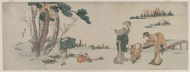 Kvinner som distraherer et barn hvis drage er fanget i et tre, ca. 1800.