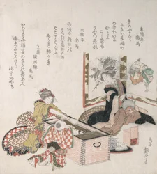 Kvinner tilbereder te rundt brannholderen, 1816.