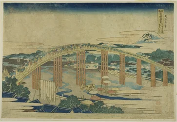 Yahagi Bridge ved Okazaki på Tokaido-øyene (Tokaido Okazaki Yahagi no hashi), fra serien quot;Uvanlige utsikter over kjente broer i forskjellige provinser (Shokoku meikyo kiran)quot;