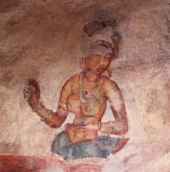 Apsaras, himmelsk nymfe gir et tilbud, freskomaleri, befestet citadell av Sigiriya (UNESCOs verdensarvliste