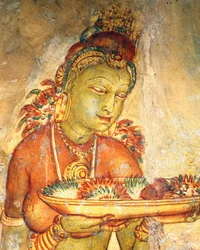 Apsaras, himmelsk nymfe som tilbyr blomster, freskomaleri, befestet citadell av Sigiriya (UNESCOs verdensarvliste