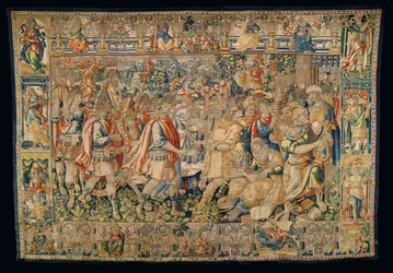 Parish museum for billedvev (Pastrana Parish Museum of Tapestries). flamsk billedvev. Charlemagne, triumferende inntog i Carmania (Alexander den store, triumferende inntog i Carmania).