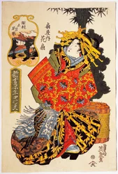 Kurtisane Hanaogi fra Ogiya-huset ved kurtisanernes vårparade, ca. 1830, ukiyo-e kunsttrykk av Keisai Eisen (1790-1848), Oban tate-e tresnitt, 38,5 x 25. 7 cm, japansk sivilisasjon, Edo-periode