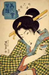 Halvlangt portrett av ung kvinne med kopp i hånden, ca. 1830, ukiyo-e av Keisai Eisen (1790-1848), speil med vakre kvinneserier, utvalg av seks moderne skjønnheter, obanformet tresnitt, japansk sivilisasjon, Edo-perioden ( 1603–1868)